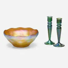 Center bowl by Tiffany Studios, c. 1910, hand-blown Favrile glass, sold May 2021