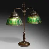 Linenfold double student lamp by Tiffany Studios, 1899-1920, patinated bronze, leaded frosted glass, sold May 2021