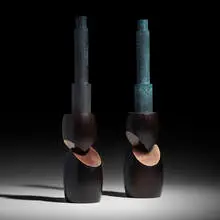 Candlesticks, pair by Wendell Castle, 1990, ebonized mahogany, brass, white gold and yellow gold leaf, sold Jan 2021