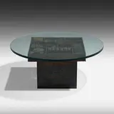 Rare Sculpted coffee table by Paul Evans, 1973, welded and patinated steel, brass, and colored pigments, glass, sold Jan 2021