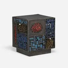 Segment occasional table by James Bearden, 2017, torch-cut, blackened and polychromed steel, fused bronze, cleft slate, sold Jan 2021