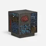James Bearden, Segment occasional table, 2017, torch-cut, blackened and polychromed steel, fused bronze, cleft slate