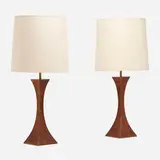 Robert Whitley, Table lamps from the Florence Green residence, pair, 1970, chip-carved walnut, linen shades, brass