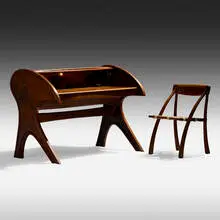 Arthur Espenet Carpenter, Roll-Top desk and Wishbone chair, 1979/1985, American black walnut, brass, felt, rosewood, vellum, oak, African hyedua