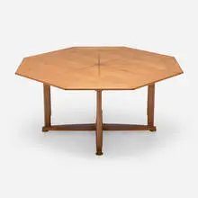 Janus game table, model 5720 by Edward Wormley, 1957, walnut, ebony, leather, brass, sold Jan 2025