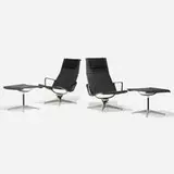 Charles and Ray Eames, Aluminum Group lounge chairs and ottomans, pair, aluminum, enameled steel, plastic, vinyl, upholstery