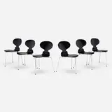Arne Jacobsen, Ant dining chairs, set of six, lacquered plywood, chrome-plated steel