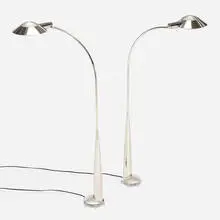 Floor lamps, pair by Cedric Hartman, c. 1980, chrome-plated metal, powder-coated aluminum, acrylic, sold Jan 2025