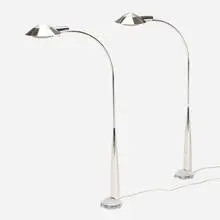Floor lamps, pair by Cedric Hartman, c. 1980, chrome-plated metal, powder-coated aluminum, acrylic, sold Jan 2025