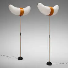 Akari light sculptures model BB3-33S, pair by Isamu Noguchi, washi paper, bamboo, enameled cast iron, birch, sold Jan 2025