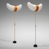 Isamu Noguchi, Akari light sculptures model BB3-33S, pair, washi paper, bamboo, enameled cast iron, birch