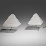 Isamu Noguchi, Akari light sculptures model W1-5X, pair, washi paper, bamboo, enameled steel, rubber