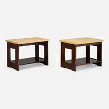 Occasional tables model 5026, pair by Paul Theodore Frankl, 1948, mahogany, lacquered cork, sold Jan 2025