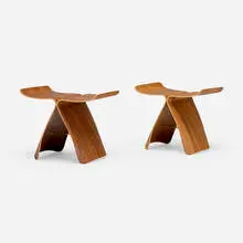 Butterfly stools, pair by Sori Yanagi, rosewood plywood, brass, sold Jan 2025