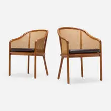 Ward Bennett, Landmark armchairs, pair, 1964, ash, cane, leather upholstery