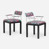 Ettore Sottsass, Lodge armchairs, pair, 1986, lacquered and chrome-plated steel, upholstery