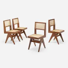 Pierre Jeanneret, Dining chairs from Punjab University Student Residences, Chandigarh, set of four, c. 1958-59, teak, cane, upholstery