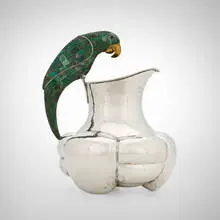 Los Castillo, Pitcher with parrot handle, c. 1980, silver-plated brass, green hardstone mosaic, brass