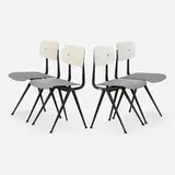 Result chairs, set of four by Wim Rietveld and Friso Kramer, 1959, enameled steel, pressed and lacquered ciranol, plastic, sold Jan 2025