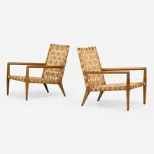 T. H. Robsjohn-Gibbings, Lounge chairs model 1720, pair, c. 1955, walnut, canvas webbing