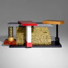 Postmodern, Console, c. 1985, stained plywood, laminate over wood, lacquered wood