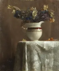 Paul Raymond Seaton, Still life of flowers and a teacup, oil on board