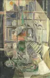 Sir Colville Barclay, Still life of a jug, glass and table covered in ephemera by a window,, oil on canvas