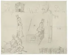 Adolph von Menzel, Rebus („Ich glaube, Wilhelm ...“), Um 1866, Bleistift auf grauem Papier, auf Japan aufgezogen
