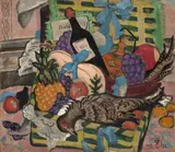 Alexandra Povòrina, Stilleben mit Fasan, Obst und Wein, 1928, Öl auf Rupfen