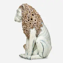 Adrian Arleo, Seated Lion with Internal Woman, 2010, glazed earthenware, wax encaustic, steel