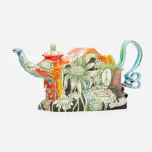 Teapot form by Michael Lucero, 2009, glazed and hand-painted earthenware, sold Jan 2021