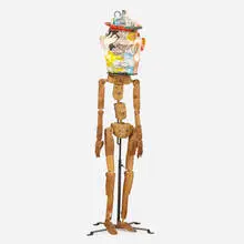 Michael Lucero, Jug Head from the New World series, 1997, glazed and hand-painted earthenware, carved wood, enameled iron