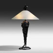 Comet table lamp by Albert Paley, 1999-2000, formed and fabricated carbon steel with a charcoal gray finish, frosted glass, sold Jan 2021