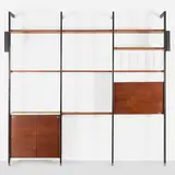 CSS (Comprehensive Shelving System) by George Nelson & Associates, 1959, walnut, enameled and brushed aluminum, enameled steel, sold Jan 2025