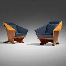 Frank Lloyd Wright, Taliesin 1 chairs, pair, maple, leather, brass