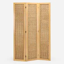 Folding screen by Dorothy Liebes, c. 1945, bleached walnut, woven wool, acrylic, and wood fibers, sold Jan 2025