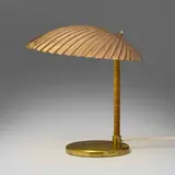 Paavo Tynell, Table lamp, model 5321, 1941, brass-plated copper, enameled brass, cane