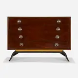 Gilbert Rohde, Cabinet from the 3920 series, 1939, East India laurel, redwood burl, lacquered wood, brass, acrylic, leatherette