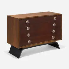 Cabinet from the 3920 series by Gilbert Rohde, 1939, India rosewood, Sequoia burl, Lucite, brass, leather, sold Dec 2024