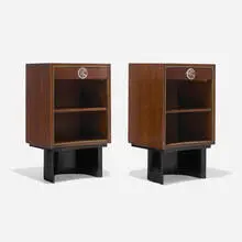Gilbert Rohde, Nightstands from the 3920 series, pair, 1939, East India laurel, redwood burl, lacquered wood, brass, acrylic