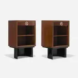 Gilbert Rohde, Nightstands from the 3920 series, pair, 1939, East India laurel, redwood burl, lacquered wood, brass, acrylic