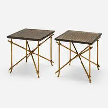 Occasional tables, pair by Dessin Fournir, c. 2000, lacquered wood, gilt steel, sold Dec 2024