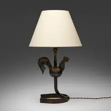 attribution Atelier Marolles, Table lamp, c. 1950, enameled iron, paper shade, glass cabochon