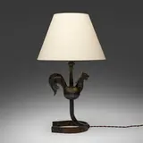 attribution Atelier Marolles, Table lamp, c. 1950, enameled iron, paper shade, glass cabochon