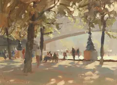 Trevor Chamberlain, 'Under the trees, South Bank'; 'West front, St James, Garlickhythe'', oil on board