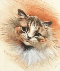 Louis Wain, 'Who's there ?'; Cat portrait, a pair; one signed 'Louis Wain' (lower left) and titled (lower right);  ink, charcoal and pastel