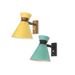 René Mathieu, A pair of wall lamps, c.1955, enamelled and pierced metal shades