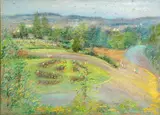 An extensive landscape with a circular drive by American School, 1947, pastel on paper, sold Sep 2016