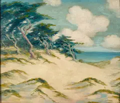 Cypress and Sand Dunes by Wine, oil on paperboard, sold Sep 2016