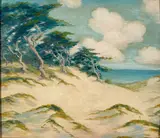 Wine, Cypress and Sand Dunes, oil on paperboard